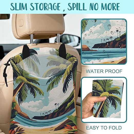 Car Garbage Bag Tropical Beach Palm Trees Drawstring Car Trash Bag Hanging for Back Seat with Adjustable Buckle Canvas Vehicle Trash Can Easy-to-Install