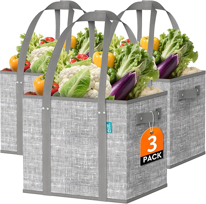 Fab totes Reusable Grocery Bags, Large Foldable Shopping Tote Bags with Reinforced Handles & Hard Bottom,3 Pack,Grey