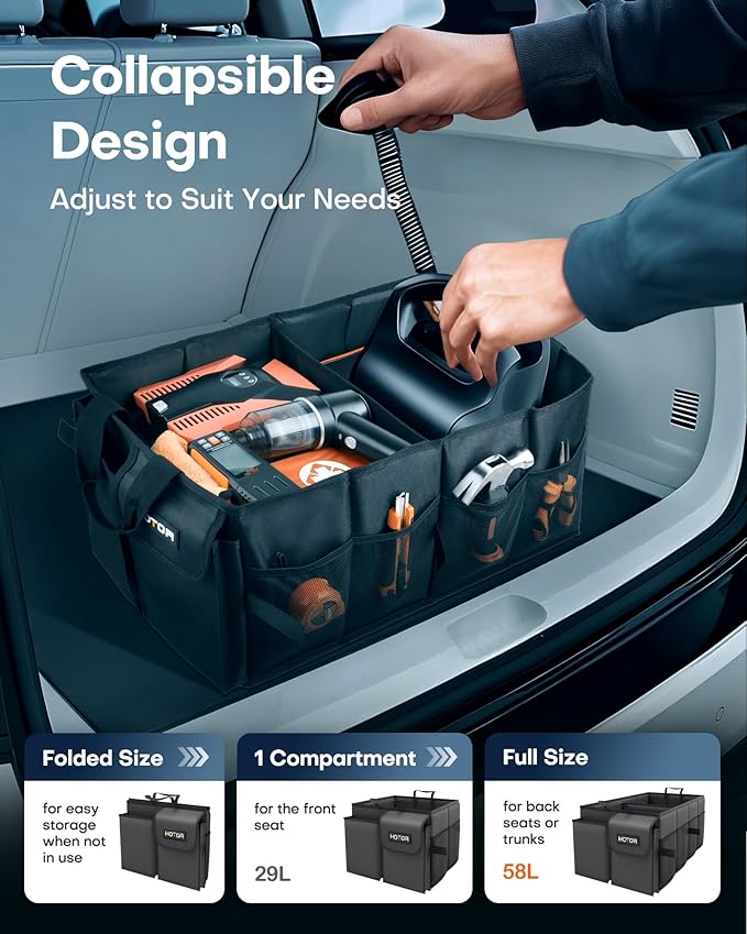 HOTOR Foldable Trunk Organizer - SUVs & Sedans, Sturdy Car Organization With 2 Compartments, Black, 23.6x14.2x10.6