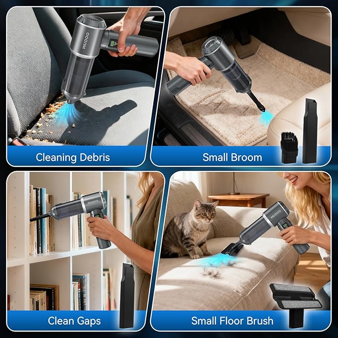 WUDOO 4-in-1 Car Vacuum Cleaner Portable Cordless Dust Remover 20,000 Pa Brushless Motor Powerful Handheld Wireless Charging 
