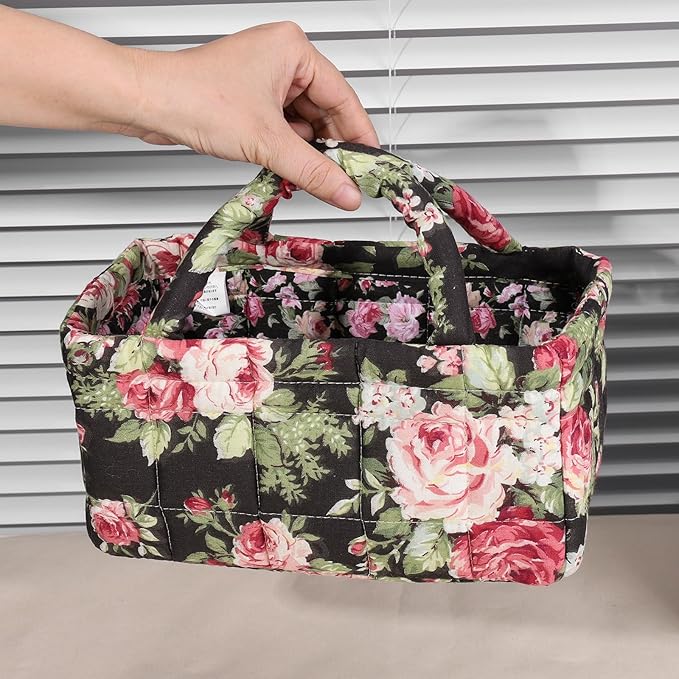 Small Storage Basket Organizer, Mini Fabric Floral Storage Baskets with Handle, Quilted Portable Collapsible Storage (L)