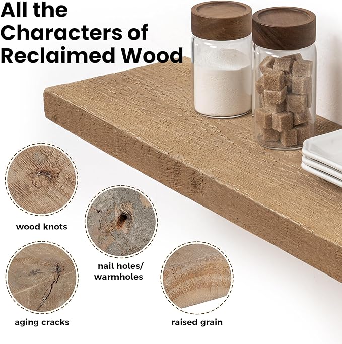 Floating Shelves - 8" Deep Rustic Reclaimed Barnwood Wall Hanging Shelves with Invisible Heavy-Duty Metal Bracket - Wall Moun