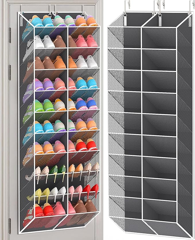 20-30 Pairs Over the Door Shoe Organizer, Breathable Mesh Pocket Hanging Shoe Storage for Closet, 10-Tier Door Shoes Rack, Ha
