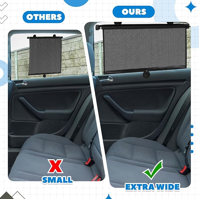 Blosssound 2 Pack Car Side Window Sun Shades Extra Wide Retractable Window Shades for Car Blocks Heat Roller Sunshade Visor for UV Rays Glare Protection Accessories (22 × 24 Inch)