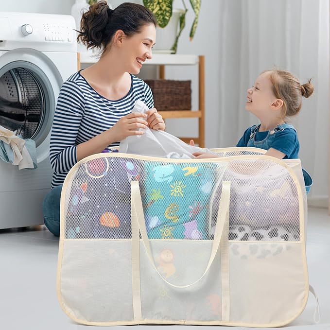 Collapsible Laundry Baskets with 3 Compartment, 150L Tear-proof Pop Up Hamper, Foldable Laundry Basket with Tote Handles, Dir