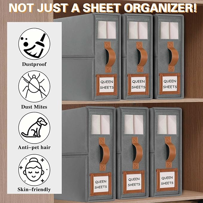 GhvyenntteS Sheet Organizers and Storage 4 Pack (Queen & King Size), Foldable Bed Sheet Organizer with Window and Label, Stor