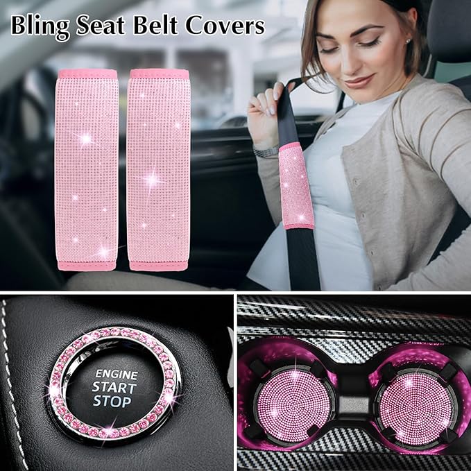 ARTILAURA 11 PCS Bling Car Accessories Set for Women Steering Wheel Covers Butterfly Hanging Seat Belt Cover Air Vent Clips Coasters Cute Glitter Diamond AUTO Accessories Kit (Pink)