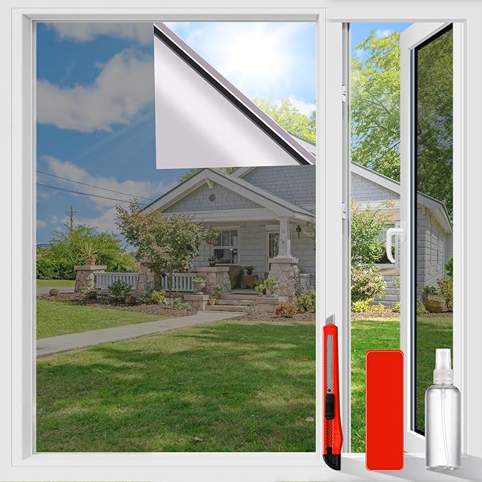 One Way Privacy Window Film Sun Blocking, Heat Blocking Window Tint for Home See Out But Not in, Static Cling & Anti UV, Black-Silver,41.3Inch x 98.42 Inch