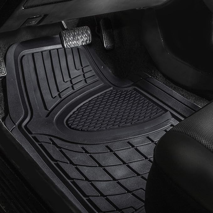 FH GROUP Car Seat Covers Premium Tall Channel Rubber Trimmable Floor Mats w. FH3001 Snake Pattern Silicone Steering Wheel Cover- Universal Fit for Trucks, SUVs, and Vans (Solid Black) F11311