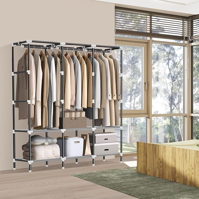 LOKEME Wardrobe Closet,Portable Closet for Bedroom Steel Pipe Diameter 19mm Strong and Sturdy Grey Portable Closets for Hangi