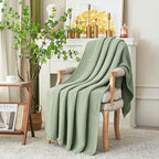 Chunky Cable Knit Throw Blanket Lightweight Light Green 100% Organic Cotton Blanket for Sofa Couch Bed Baby Nursery, Rustic S