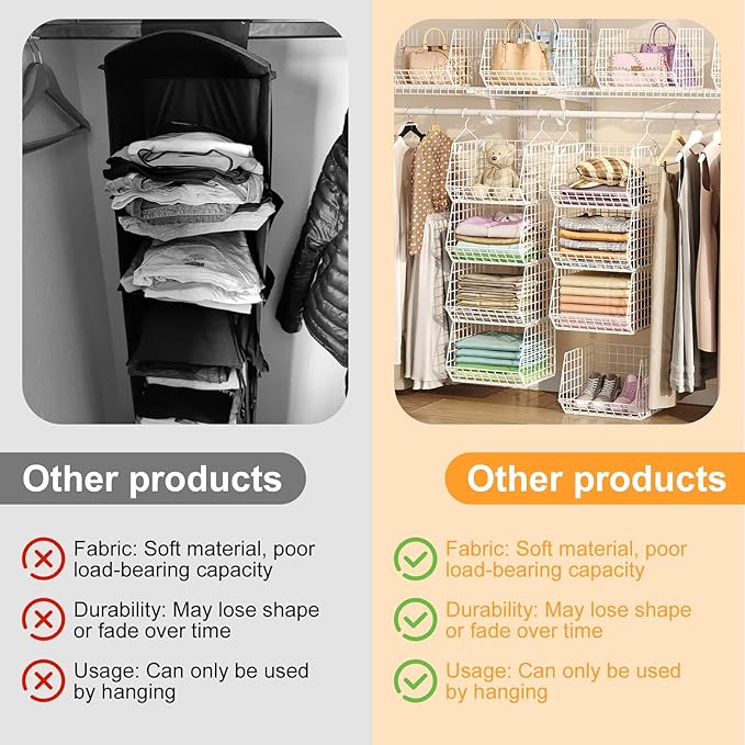 X-cosrack 4 Tier Closet Hanging Organizer, Foldable Closet Shelving with 2 Hanging Hooks 5 S Hooks, Wire Storage Basket for W