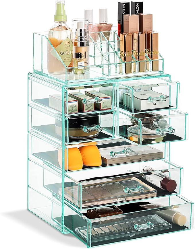 Sorbus Acrylic Makeup Organizer Set, 7-Drawer Vanity & Countertop Cosmetic Storage with Small & Wide Compartments, Teal Thril