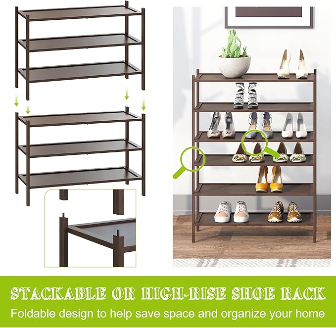 BMOSU 3-Tier Bamboo Shoe Rack Premium Stackable Shoe Shelf Storage Organizer for Hallway Closet Living Room Entryway Organize