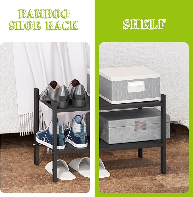 BMOSU 2-Tier Bamboo Small Shoe Rack Premium Stackable Shoe Shelf Storage Organizer for Hallway Closet Living Room Entryway Or