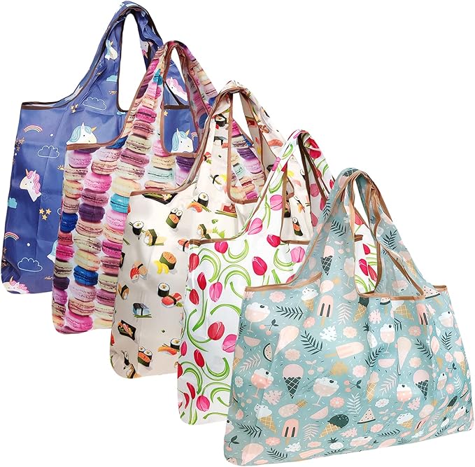 allydrew Large Foldable Tote Nylon Reusable Grocery Bags, 5 Pack