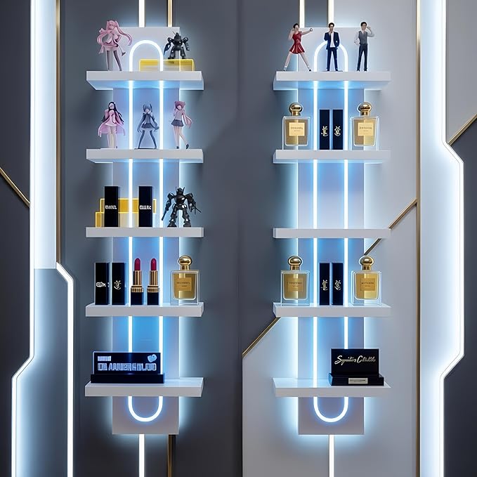 Exclusive U-Shaped 5-Tier Compact Narrow Wall Shelf Unit with RGB Lighting, Modern Vertical Shelf for Vanity, Ideal for Anime