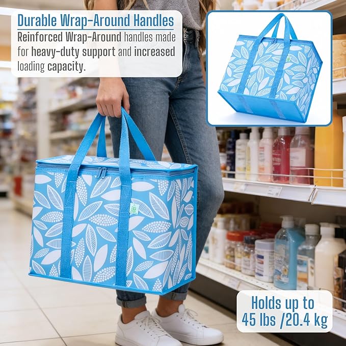VENO 2 Pack Insulated Cooler Bag, Reusable Grocery Shopping Bag for Food Delivery, Heavy Duty, Large Size, Durable Handles, Double Zippers, Lid, Collapsible (Spring Breeze, 2 Pack)