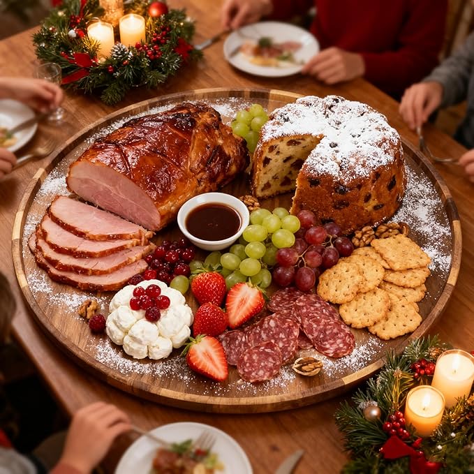 Utoplike Extra Large Acacia Wood Serving Tray, 23.6'' Round Charcuterie board, Cheese board with Rotating Base Raised Edge an