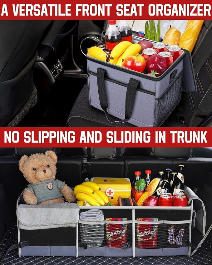 Car Trunk Organizer with Portable Leak Proof Cooler Bag, 3 Compartments Collapsible Car Organizers and Storage with Foldable C