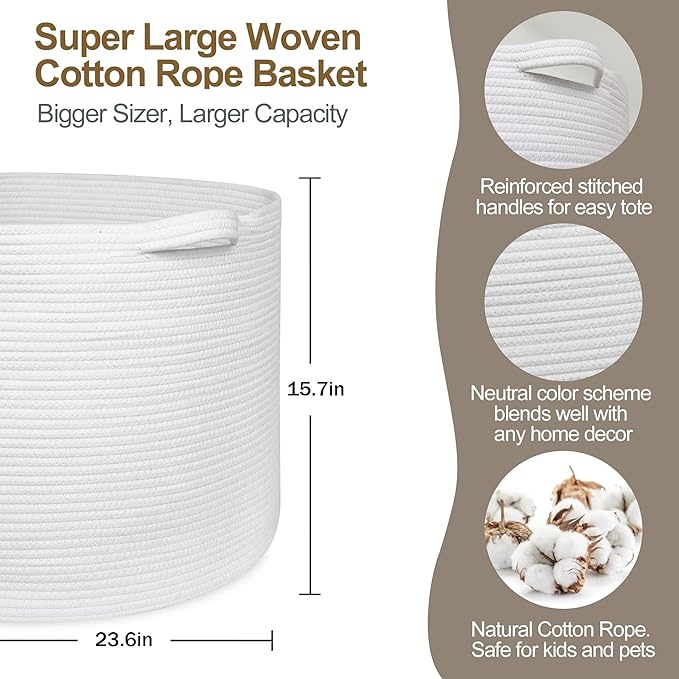 MEGASKET 115L White Cotton Rope Storage Basket, 23.6"x15.7" Extra Large Blanket Storage Living Room, XXXL Soft Toy Bin for Or