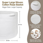 MEGASKET 115L White Cotton Rope Storage Basket, 23.6"x15.7" Extra Large Blanket Storage Living Room, XXXL Soft Toy Bin for Or
