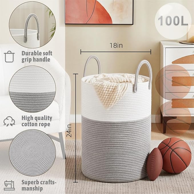 Artfeel Laundry Basket,Woven Cotton Rope Laundry Hamper,100L for Decorative Storage of Dirty Clothes,Toys and Blankets in Bat