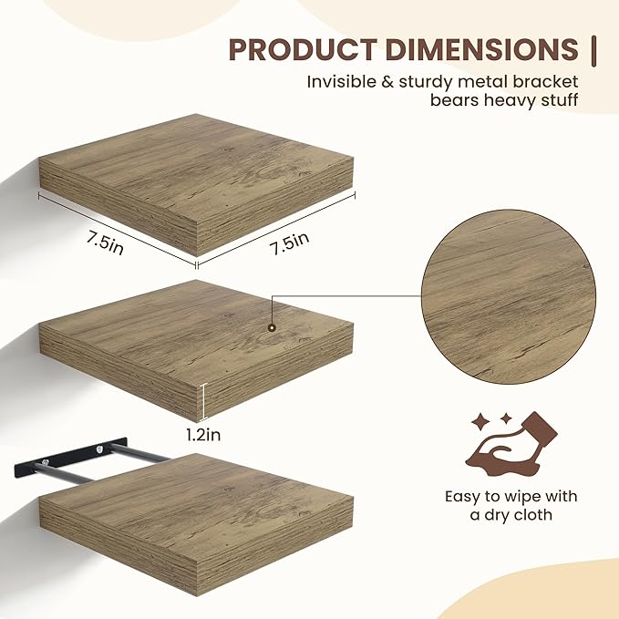 Fun Memories Floating Shelves for Wall - 7.5 Inch Square Shelves with Invisible Brackets, Small Wall Shelf for Living Room, B