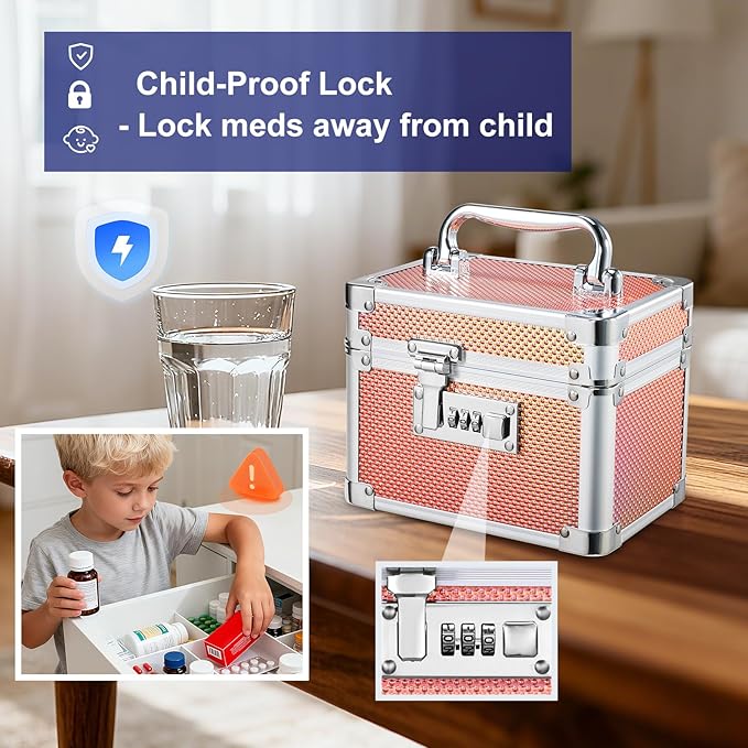 Adazzo Lockable Storage Box - Shiny Gold Medicine Med Lock Box, 7 * 5.25 * 5.75 Inches Safe Case with Combination Lock for Ho