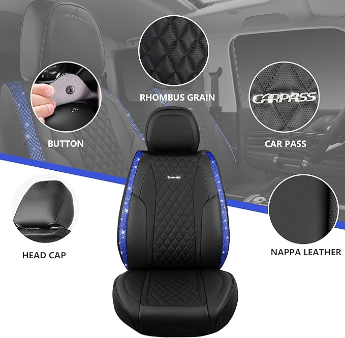 CAR PASS Nappa Leather seat Covers Bling Diamond Car Seat Covers Full Set Universal Cushioned, Waterproof Heavy-Duty Anti-Sli