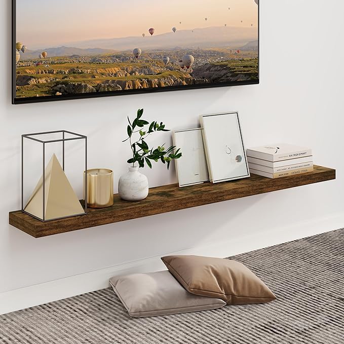 Fun Memories 55 Inch Fireplace Mantel - Long Floating Shelf, Wall Mounted Farmhouse Display with Invisible Heavy Duty Metal B