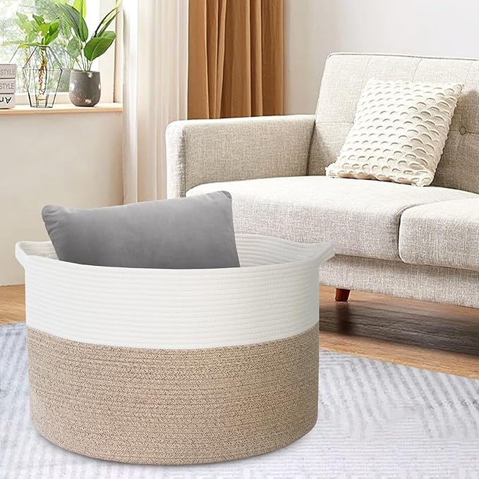 MEGASKET Large Rope Storage Basket, 22" X 22" X 14" Extra Large Woven Baskets for Storage, Cotton Rope Basket for Blankets To