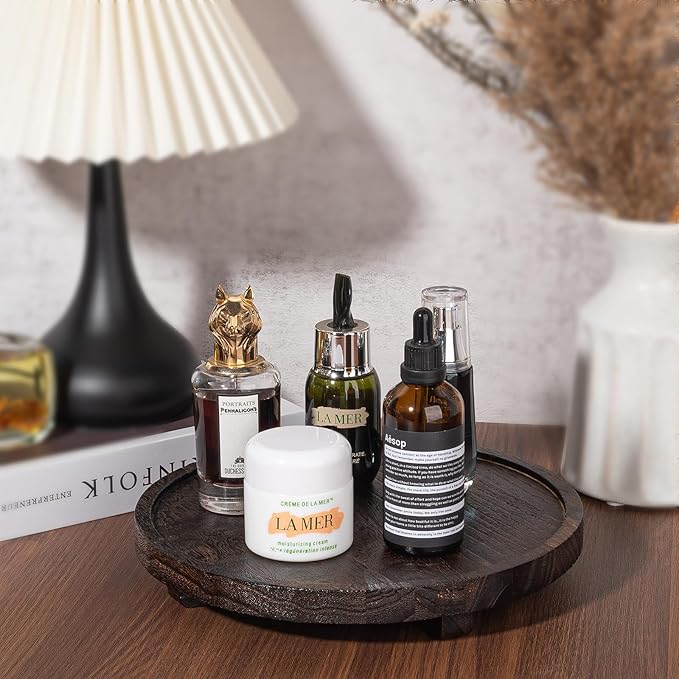 Round Decorative Tray Wood Bathroom Counter Organizer Farmhouse Kitchen Decor Wooden Riser for Soap Dish, Perfume, Candle, Sp