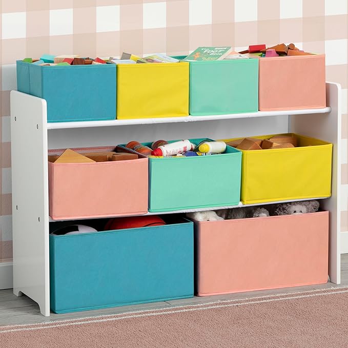 Delta Children Deluxe Multi-Bin Toy Organizer with Storage Bins - Greenguard Gold Certified, White with Blue/Orange/Pastel Bi