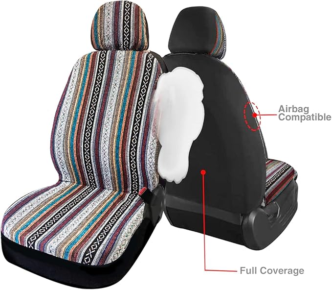 Car Seat Cover Baja Saddle Blanket 4PCS Front Striped Multicolor, Hippie Boho Seat Cover Universal Fit for Toyota, Honda, Nis