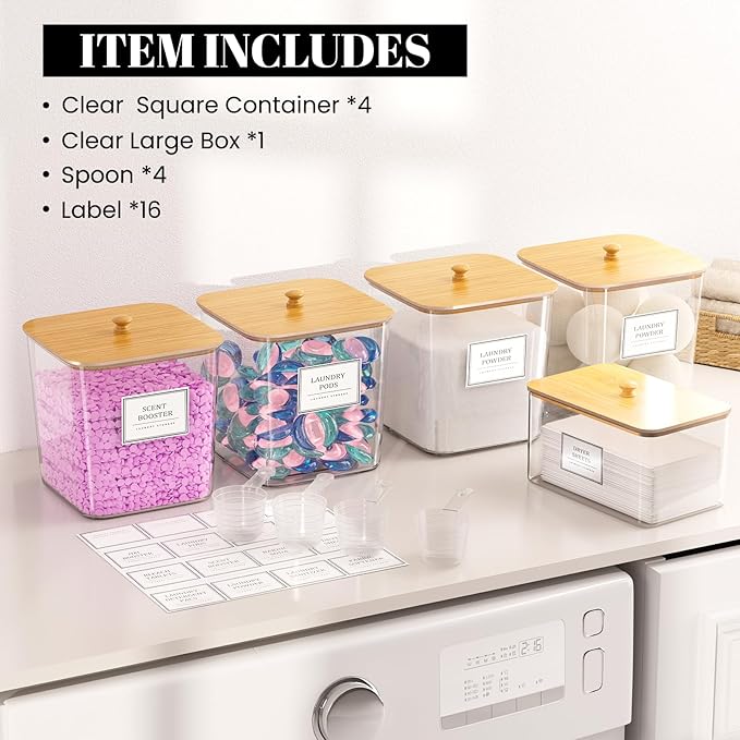 4+1 Pack Laundry Room Organization Containers,Clear Laundry Pods Container,Large Laundry Detergent Powder Storage Containers 