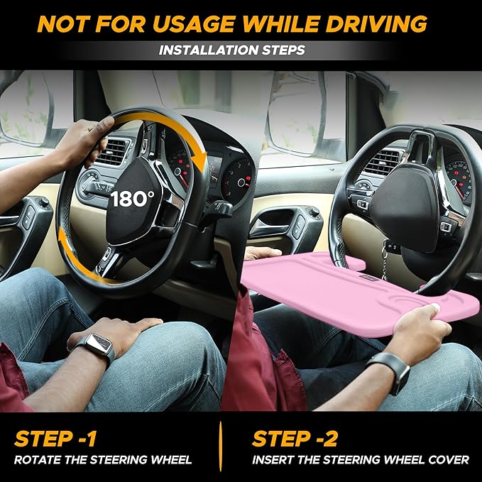 EcoNour 2 in 1 Car Steering Wheel Desk | Steering Wheel Tray for Laptop and Food | Pink Table Tray for Eating with Drinks Holder | Car Accessories