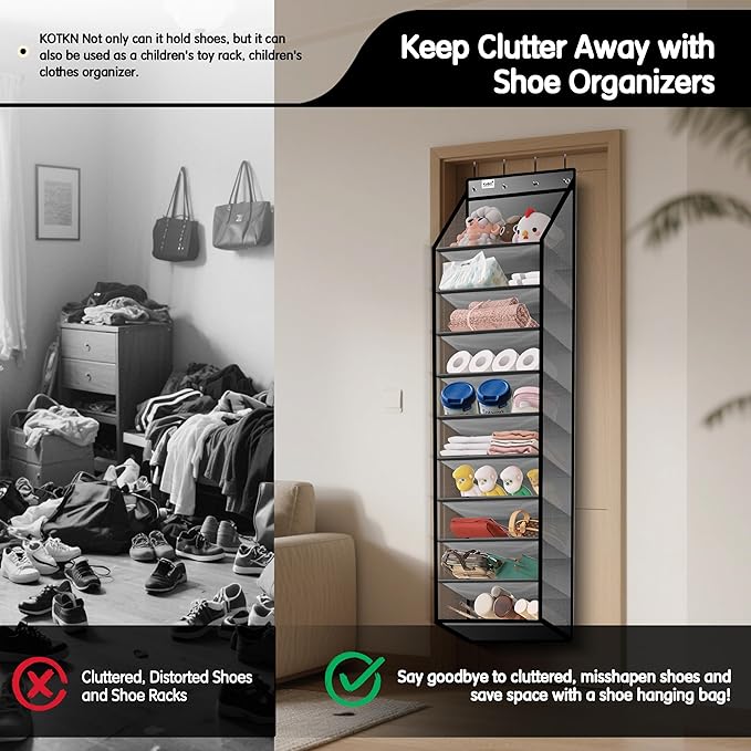 Kotkn 10 Tier Over The Door Organizer - Heavy Duty Hanging Storage Rack with Sturdy Oxford Fabric, Holds 20+ Pairs of Footwea