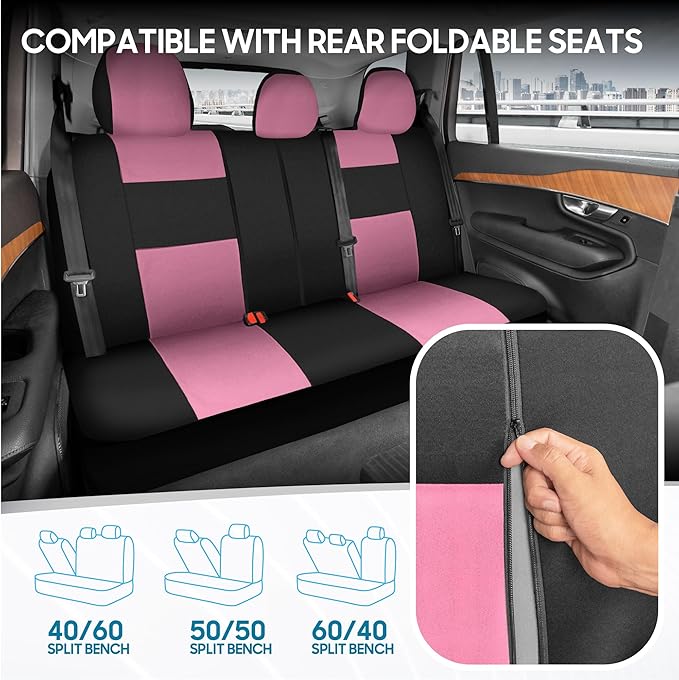 BDK PolyPro Car Seat Covers Full Set in Pink on Black – Front and Rear Split Bench Seat Covers for Cars, Easy to Install Car 