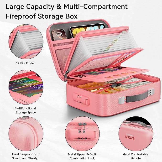 Fireproof Document Box, Hard Case Fireproof Box with Lock, Portable Hard-Shell Fireproof Water Resistant Document Safe for Im