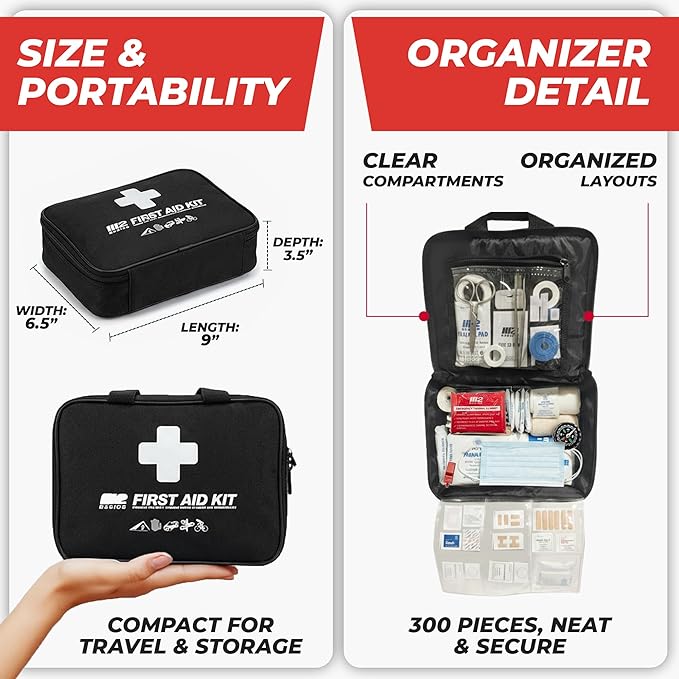 M2 BASICS Premium 300 Piece Professional First Aid Kit, 40 Unique Items, Durable Carry Bag for Home, Car, Business, Travel & 