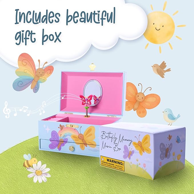 The Memory Building Co Butterfly Musical Jewelry Box Plays Classic Melody, Storage Organizer Music Box for Kids Ages 6-12, MD