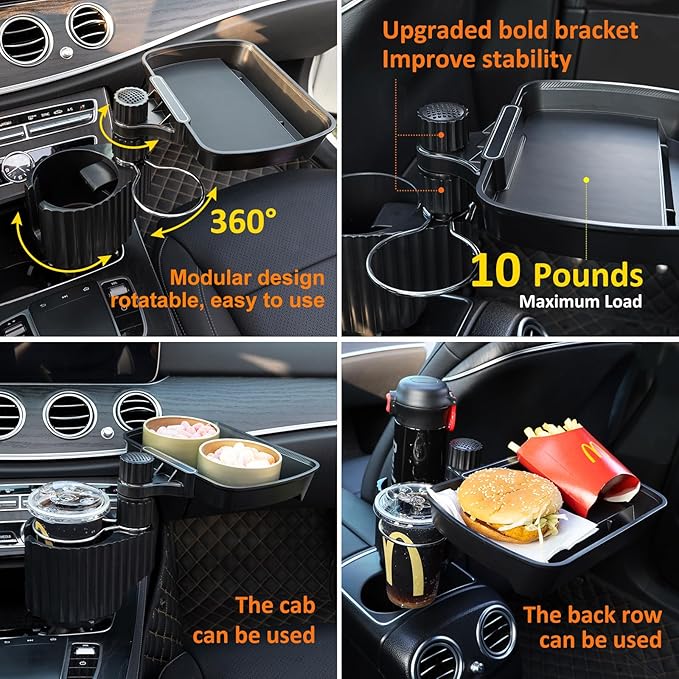 Car Large Cup Holder Expander, 3-in-1 Cupholder Extender with Swivel and Detachable Snack Food Tray Table for Eating, Travel 