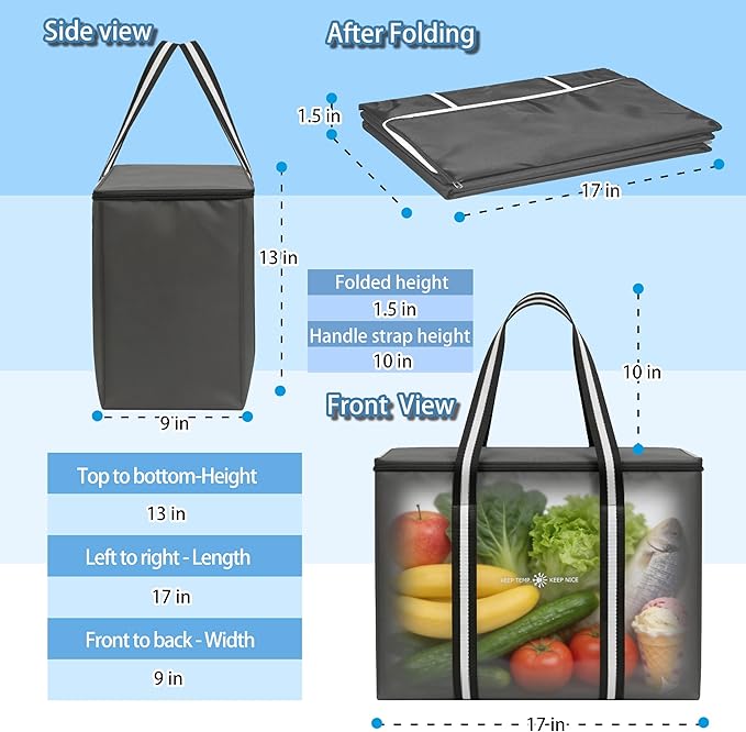 Insulated Reusable Grocery Bag - Zippered Cooler Tote Extra Large Thermal Shopping Bag for Groceries Frozen or Hot Food