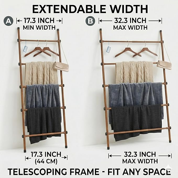 SIBRAD Expandable Blanket Ladder for Living Room, Adjustable Width (17.3"-32.3") Tall Metal Quilt Rack Wall Leaning, Rustic B