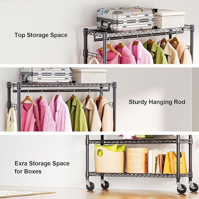 M MZG Heavy Duty Rolling Garment Rack 3 Tiers Adjustable Wire Shelving Clothes Rack with 1 Rods and Side Hooks,Storage Closet