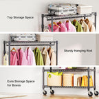 M MZG Heavy Duty Rolling Garment Rack 3 Tiers Adjustable Wire Shelving Clothes Rack with 1 Rods and Side Hooks,Storage Closet