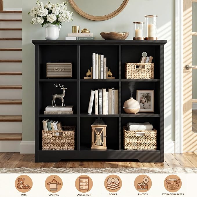 Aheaplus Wooden 9-Cube Storage Organizer with Charging Ports, Modern Cube Bookcase with Base, 4-Tier Floor Standing Open Cubb