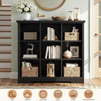 Aheaplus Wooden 9-Cube Storage Organizer with Charging Ports, Modern Cube Bookcase with Base, 4-Tier Floor Standing Open Cubb