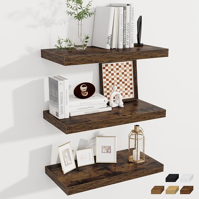 Fun Memories 24 x 12 Inch Deep Floating Shelves, 12 Inch Deep Rustic Wooden Book Shelf, Extra Deeper & Thicker Hanging Shelve